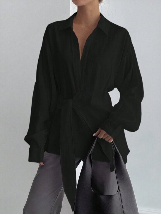 MODA ME COUTURE Tops - Black Elegant Women's Half-Placket Side Tie Pullover Casual Shirt